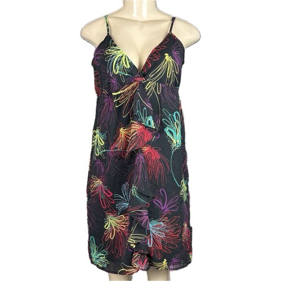Gap M Black Electric Floral Surplice Neck Ruffle Front Lined Strappy Slip Dress - Picture 2 of 6
